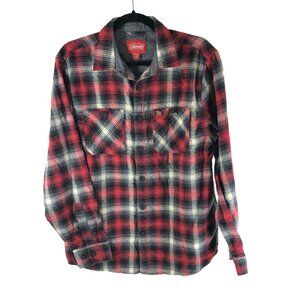 Coleman Mens Flannel Shirt Button Down Chest Pockets Cotton Plaid Red Black M
